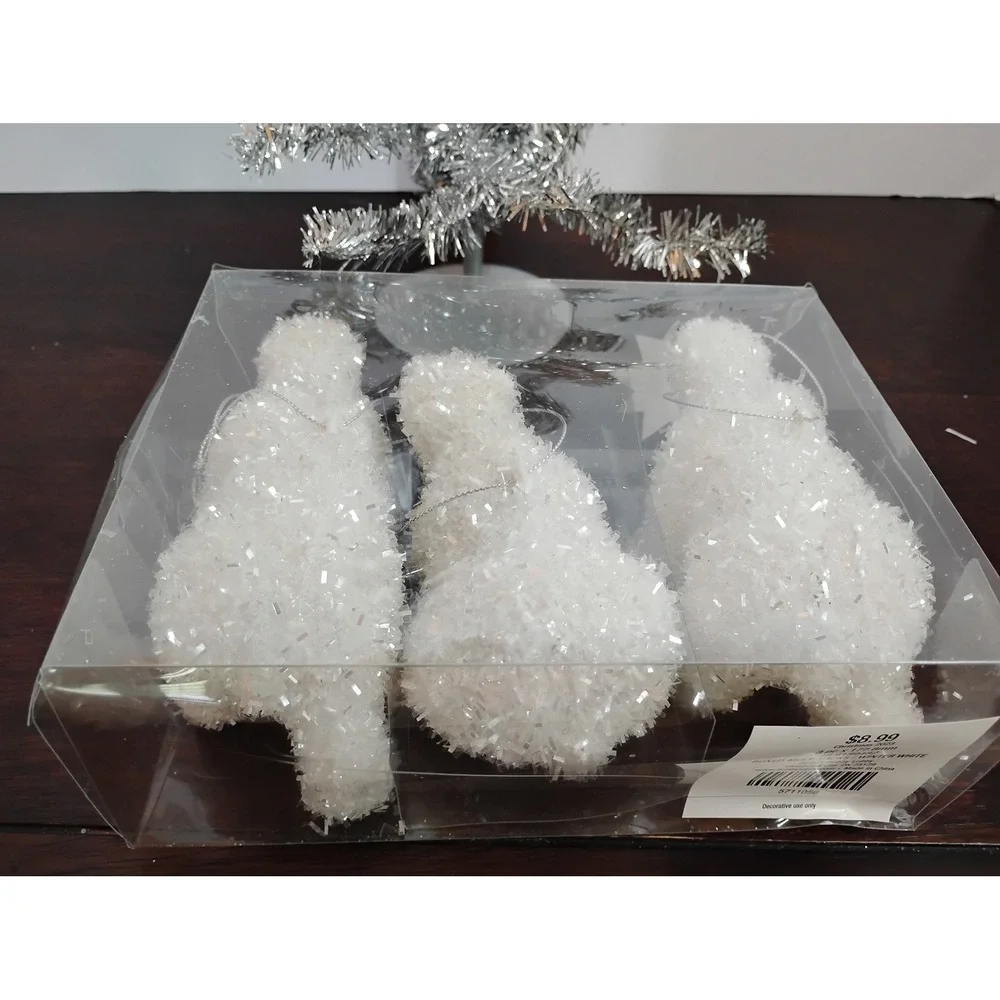 Silver Tinsel Tabletop Christmas Tree 20in and 3 White Polar Bear Ornaments Set